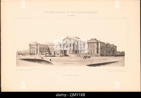 Ende & Böckmann, edificio parlamentare del Reichstag tedesco a Berlino nel 1872. (Da: Cartella collettiva di eccellenti progetti competitivi H. 4, 1882.) (1872-1872): Vista prospettica. Leggera pressione sulla carta, 31,9 x 48,7 cm (inclusi i bordi di scansione) Foto Stock