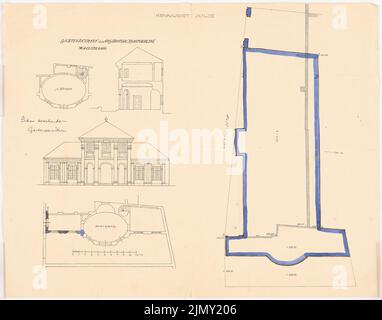 Rüster Emil (1883-1949), padiglione giardino dell'Augsburg Art Association (06.12.1907): Piano dipendente 1: 100, pianta, taglio e vista. Acquerello Tusche su carta, 47 x 59,9 cm (inclusi i bordi di scansione) Foto Stock