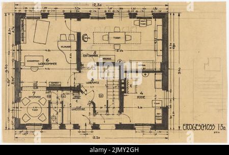 Rüster Emil (1883-1949), edificio residenziale (08.05.1910): Grundriss EG 1:50. Matita e inchiostro su trasparente, 23,1 x 36,3 cm (inclusi i bordi di scansione) Foto Stock