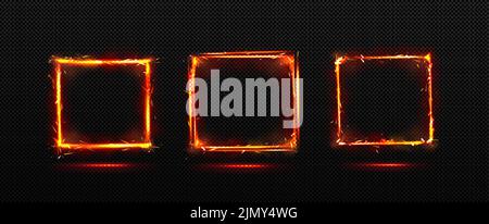 Montature con effetto scintilla, bordi quadrati con scintille incandescenti di lama metallica di saldatura, cracker o petardo. Luce fiery al confine con scintille, illustrazione vettoriale realistica 3D isolata su nero Illustrazione Vettoriale