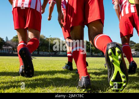 Sezione bassa di atleti maschi multirazziali con uniforme rossa e scarpe da calcio che corrono su terra erbosa Foto Stock