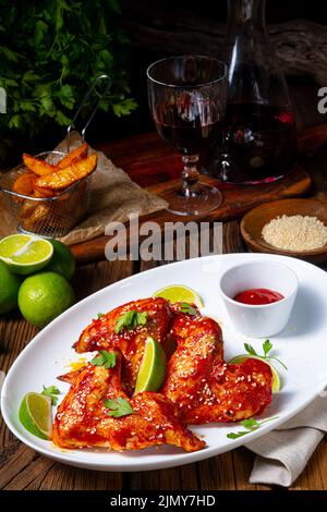 Ali di pollo con spicchi di patate e zam. Foto Stock