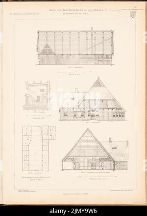 Associazione di architetti e ingegneri ad Amburgo, casa colonica, Moorhusen. (Da: La casa colonica dell'Impero tedesco e le sue zone di confine, ed. Vorance delle associazioni di architetti e ingegneri tedeschi, (1906-1906): Pianta del sito, pianta, vista dal fronte, sezione trasversale, sezione longitudinale. Pressione sulla carta, 48 x 34,3 cm (incl Scansione bordi) Foto Stock