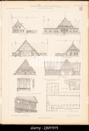 Associazione di architetti e ingegneri ad Amburgo, Haus Kelting, Klein-Sonnendeich. (Da: La casa colonica dell'Impero tedesco e le sue zone di confine, ed. Vorance degli architetti e ingegneri tedeschi (1906-1906): Pianta del sito, pianta del pavimento, vista dal fronte, vista dal lato lungo, vista dal lato del timpano, sezione longitudinale, sezione trasversale, Dettagli. Pressione sulla carta, 47,9 x 34,3 cm (inclusi i bordi di scansione) Foto Stock