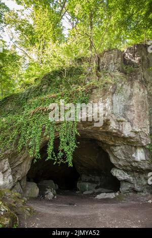 La grotta di Feldhof nella valle di Hoenne tra Hemer e Balve, regione Sauerland, Renania settentrionale-Vestfalia, Germania. Die Feldhofhoehle im Hoennetal zwisc Foto Stock