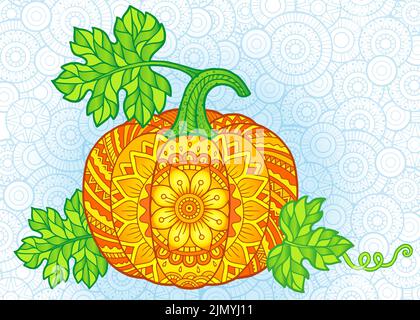 Illustrazione vettoriale. Zucche luminose di Halloween in stile mandala con motivi dettagliati Illustrazione Vettoriale