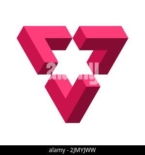 Triangolo rosso impossibile. Forma Penrose. Oggetto geometrico Esher. Effetto visivo di illusione ottica. Modello logo composto da tre parti simmetriche con stella. Illustrazione Vettoriale