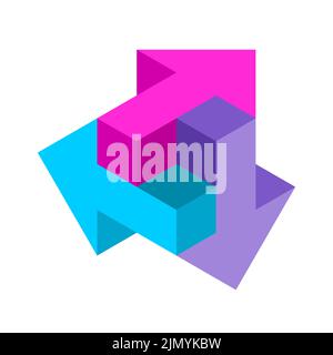 Frecce impossibili colorate. Tre frecce da 3D fanno il raccordo. Elemento di progettazione dell'app mobile. Logo Creative business. Scelta del concetto di direzione giusta. Vettore Illustrazione Vettoriale