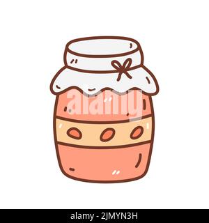 Carino vaso di marmellata di fragole isolato su sfondo bianco. Illustrazione vettoriale disegnata a mano in stile doodle. Perfetto per carte, logo, decorazioni, ricette Illustrazione Vettoriale