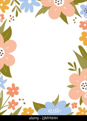 Cornice con fiori carini e foglie. Sfondo botanico. Perfetto per decorazioni, biglietti d'auguri, inviti. Illustrazione vettoriale in piano disegnata a mano Illustrazione Vettoriale