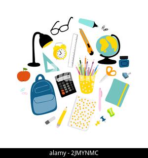 Illustrazione di ritorno alla scuola con cancelleria della scuola a forma di cerchio isolata su sfondo bianco Illustrazione Vettoriale
