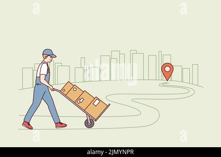 Deliveryman con pacchetti che camminano verso il destinatario. Corriere o postino che consegna gli ordini al cliente o al cliente. Buon servizio di consegna. Illustrazione vettoriale. Illustrazione Vettoriale