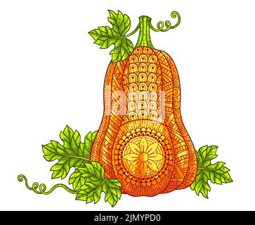 Illustrazione vettoriale. Zucche luminose di Halloween in stile mandala con motivi dettagliati Illustrazione Vettoriale