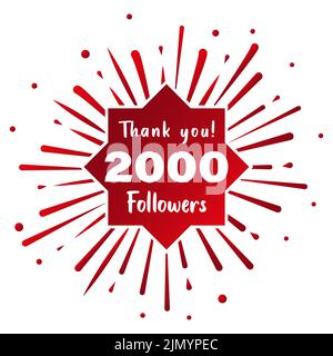 Grazie 2000 seguaci. Concetto di social media. 2k seguaci modello di celebrazione. Disegno vettoriale Illustrazione Vettoriale