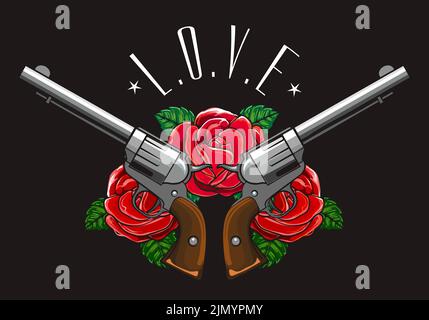 Due pistole Revolver incrociate con tre fiori di rosa e la scritta Amore disegnato in stile tatuaggio isolato su illustrazione vettoriale nera Illustrazione Vettoriale