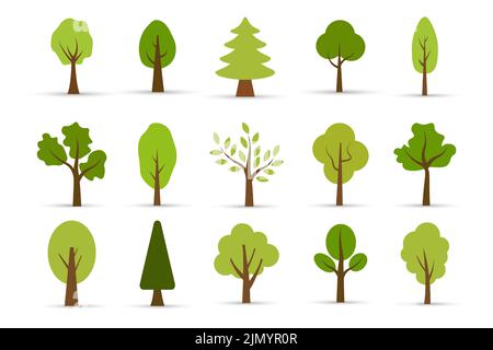 Insieme di icone ad albero. Insieme di alberi di foresta. Illustrazione vettoriale isolata Illustrazione Vettoriale