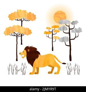 Cartone animato leone e alberi. Vettore animale africano. Illustrazione della savana con acquerello vettoriale. Illustrazione Vettoriale