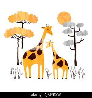 Famiglia di giraffe cartoon - mamma e bambino. Illustrazione di acquerello di animali africani vettoriali. Illustrazione Vettoriale