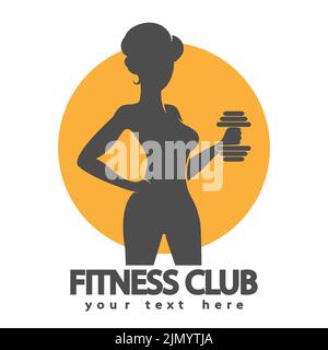 Logo fitness con ragazza atletica con manubri isolato su bianco. Illustrazione vettoriale. Illustrazione Vettoriale