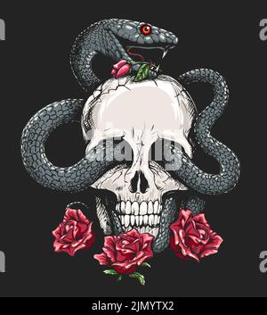 Cranio umano con serpente e rose su sfondo nero illustrazione vettoriale Illustrazione Vettoriale