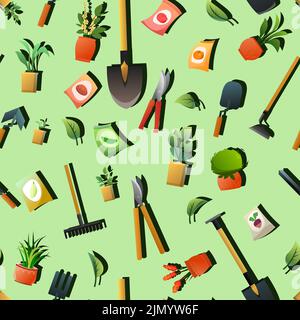 Attrezzo agricolo di giardino rurale. Motivo senza giunture verde. Pale rastrelli e zoccoli. Vasi di fiori con piante interne. Pacchetti di semi vegetali. Vettore Illustrazione Vettoriale