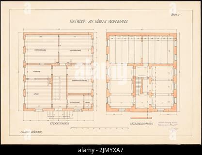 Böhmer Franz (1907-1943), edificio residenziale (1925-1925): Grundriss KG ed EG,. Acquerello, inchiostro colorato sulla scatola, 50,6 x 70,3 cm (inclusi i bordi di scansione) Foto Stock