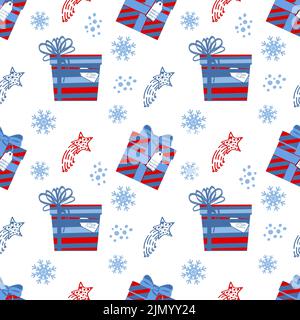 Un modello senza giunture di regali di festa, fiocchi di neve e le zone astratte disegnate. Scarabocchi disegnati a mano in stile piatto. Natale e Capodanno. Inverno. Illustrazione Vettoriale