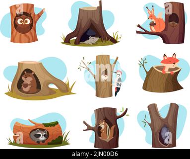 Alberi vuoti. Case accoglienti per animali selvatici foresta caratteri vettoriali esatti Illustrazione Vettoriale