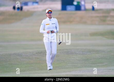 Gullane, Scozia, Regno Unito. 7th agosto 2022. Ultimo round del campionato AIG Women’s Open di golf a Muirfield a Gullane, East Lothian. PIC; Chun in Gee cammina verso il verde 18th durante il gioco off . Iain Masterton/Alamy Live News Foto Stock