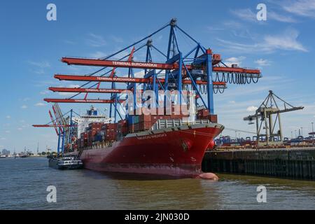 Amburgo, Germania, 3 agosto 2022: Grande nave container Navios Indigo con carico accatastato sotto le gru del terminale Burchardkai nel carico Foto Stock