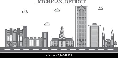 Stati Uniti, Detroit città skyline isolato vettore illustrazione, icone Illustrazione Vettoriale