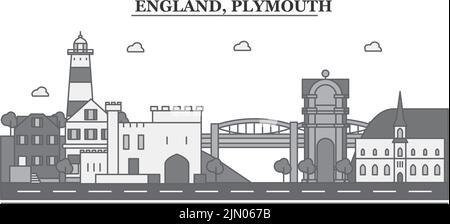 Regno Unito, Plymouth città skyline isolato vettore illustrazione, icone Illustrazione Vettoriale