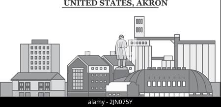 Stati Uniti, Akron città skyline isolato vettore illustrazione, icone Illustrazione Vettoriale