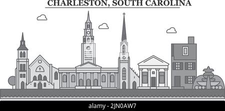 Stati Uniti, Charleston South Carolina città skyline isolato vettore illustrazione, icone Illustrazione Vettoriale