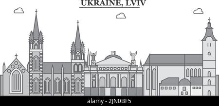 Ucraina, Lviv città skyline isolato vettore illustrazione, icone Illustrazione Vettoriale