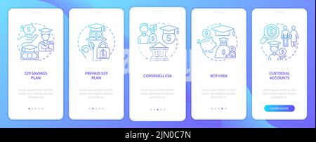 Tipi di account per la schermata dell'app mobile per l'onboarding con gradiente blu Illustrazione Vettoriale