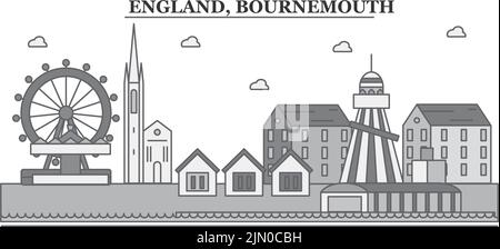 Regno Unito, Bournemouth città skyline isolato vettore illustrazione, icone Illustrazione Vettoriale