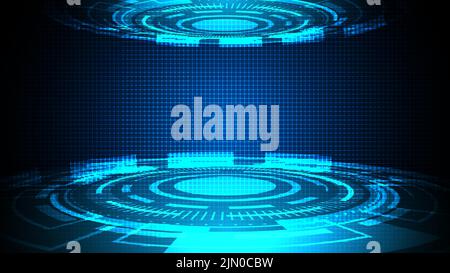 Tecnologia astratta futuristica concetto cerchio hud interfaccia schermo design su sfondo blu scuro. Mostra scena cyberpunk per il prodotto show, Vector il Illustrazione Vettoriale