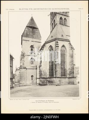 Rab Eberhard, Münster San Nicolao, Überlingen. (Da: Foglie per l'architettura e l'artigianato, 21st anni, 1908, Tafel 51.) (1908-1908): Vista dell'Est. Leggera pressione sulla carta, 34,4 x 26,8 cm (compresi i bordi di scansione) Rab Eberhard : Münster St. Nicolaus, Überlingen. (Aus: Blätter für Architektur und Kunsthandwerk, 21. JG., 1908, Tafel 51) Foto Stock