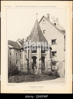 Rab Eberhard, Münster San Nicolao, Überlingen. (Da: Foglie per l'architettura e l'artigianato, 21st anni, 1908, Tafel 54.) (1908-1908): Visualizza Ölberg. Leggera pressione sulla carta, 34,6 x 26,8 cm (compresi i bordi di scansione) Rab Eberhard : Münster St. Nicolaus, Überlingen. (Aus: Blätter für Architektur und Kunsthandwerk, 21. JG., 1908, Tafel 54) Foto Stock