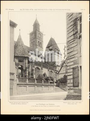 Rab Eberhard, Münster San Nicolao, Überlingen. (Da: Foglie per l'architettura e l'artigianato, 21st anni, 1908, Tafel 52.) (1908-1908): Vista del sud-ovest con Ölberg. Leggera pressione sulla carta, 34,4 x 26,8 cm (compresi i bordi di scansione) Rab Eberhard : Münster St. Nicolaus, Überlingen. (Aus: Blätter für Architektur und Kunsthandwerk, 21. JG., 1908, Tafel 52) Foto Stock