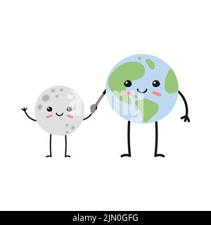 Vettoriale Luna piatta disegnata a mano e pianeta Terra con facce che tengono le mani isolate su sfondo bianco Illustrazione Vettoriale