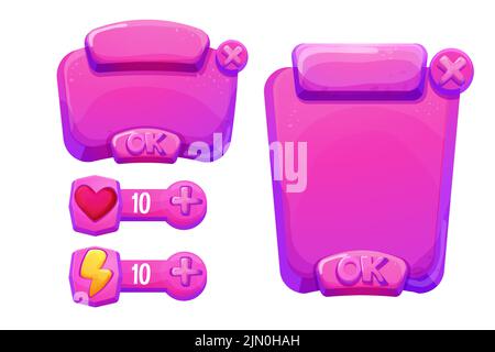 Set Jelly, fantasy interfaccia template menu di gioco e pulsanti di impostazione in stile cartoon isolato su sfondo bianco. Risorsa UI, frame per la progettazione delle impostazioni. Elemento casual web 2D. Illustrazione vettoriale Illustrazione Vettoriale