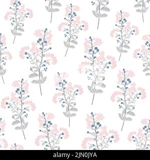 Eleganti rami floreali rosa grigio su tessuto leggero. Pattern vettoriale senza giunture. Delicato sfondo retrò pattern. Ideale per tutti gli usi Illustrazione Vettoriale