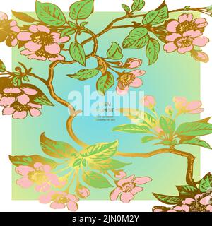 Disegno sakura fiori e foglie su rami. Botanica invito biglietto di auguri etichetta celebrazione modello design. Ciliegia vintage in fiore Illustrazione Vettoriale