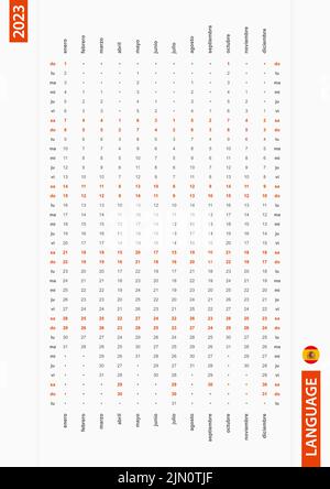 Spagnolo una fila calendario verticale 2023, domenica primo giorno della settimana. Calendario vettoriale in lingua spagnola. Illustrazione Vettoriale