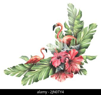 Fenicotteri rosa in foglie tropicali con fiori rossi di ibisco. Illustrazione dell'acquerello. Composizione di una grande serie DI CUBA. Per la progettazione e. Foto Stock
