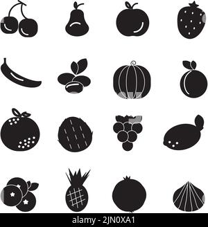 Icone frutta in nero su sfondo bianco, isolato. Illustrazione vettoriale. Dieta sana concetto di alimentazione di frutta. Illustrazione Vettoriale