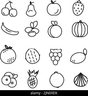 Collezione di icone frutta, disegno nero su sfondo bianco. Frutta icone set, dieta sana mangiare. Illustrazione vettoriale. Illustrazione Vettoriale