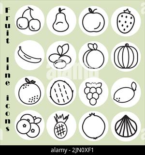 Icone della linea di frutta impostate sugli adesivi bianchi. Dieta di frutta sana concetto. Salute e beneficio. Illustrazione vettoriale.contorni neri sul bianco. Illustrazione Vettoriale